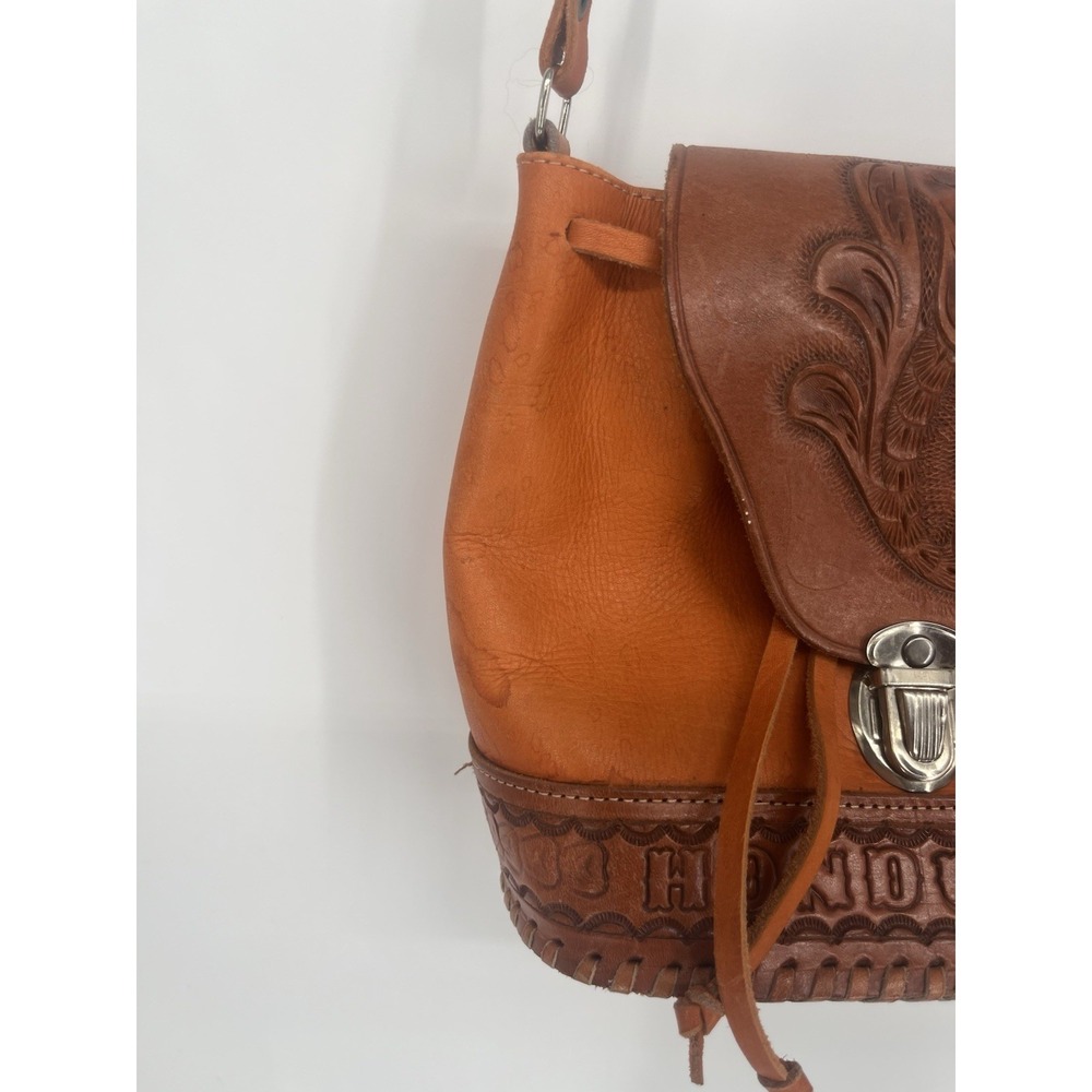 VTG Hand Tooled Leather Mini Crossbody Bag Purse, Boho Saddle Flap Honduras - Picture 3 of 10